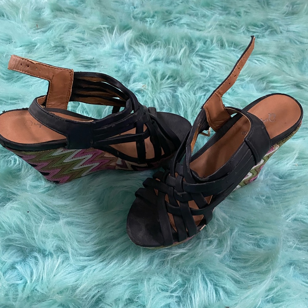Navy blue suede/multi colored heeled wedges